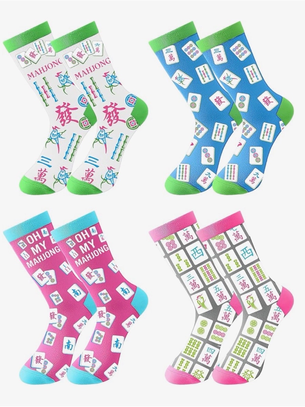 Mahjong Pattern Women’s Crew Socks - set of 8 Assorted Colors